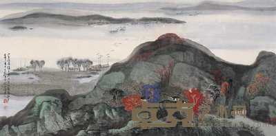 蔡天雄 秋山夕照图 片连框 68×138cm